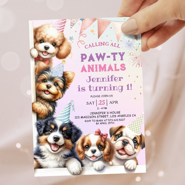 Girls Puppy Lets Pawty 1st Birthday Invitation (Creator Uploaded)