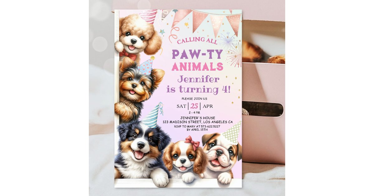 Girls Puppy Pawty 4th Birthday Party Invitation | Zazzle