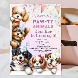 Girls Puppy Pawty 5th Birthday Party Invitation