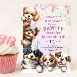 Girls Puppy Pawty 6th Birthday Party Invitation