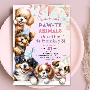 Girls Puppy Pawty Party 3rd Birthday Invitation