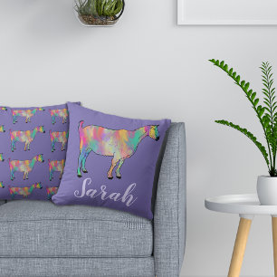 Girls Purple Artsy Goat Colourful Animal Art Name Cushion