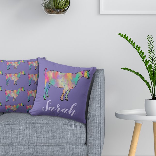 Girls Purple Artsy Goat Colourful Animal Art Name Cushion (Cute goat colorful farm animal art purple personalized name pillow)