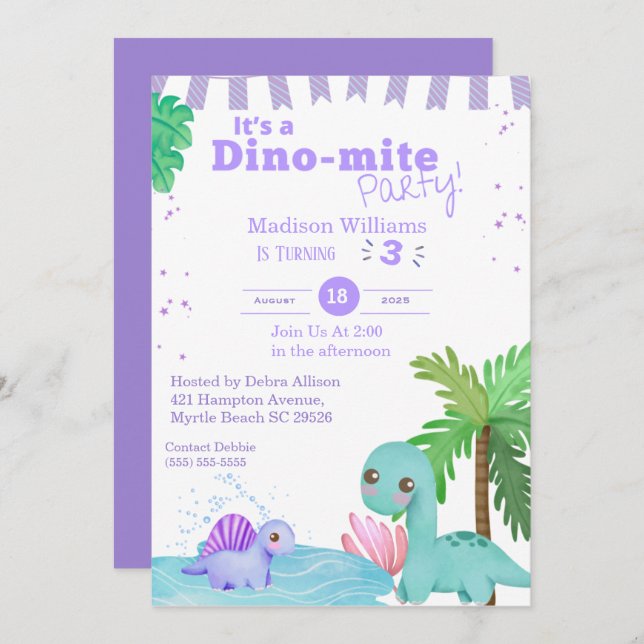 Girls Purple Dinosaur 3rd Birthday Party   Invitation (Front/Back)