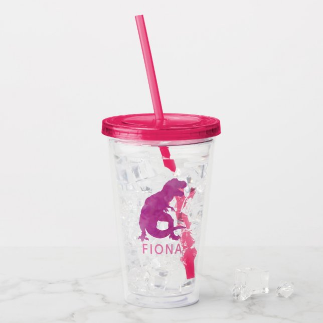 Girls Purple Dinosaur Watercolor Silhouette Cute Acrylic Tumbler (Front Ice)