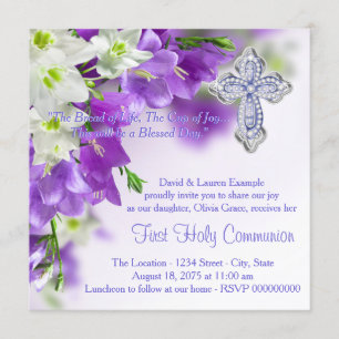 Girls Purple Floral Cross First Communion Invitation