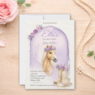 Girls Purple Floral Horse Birthday Invitation