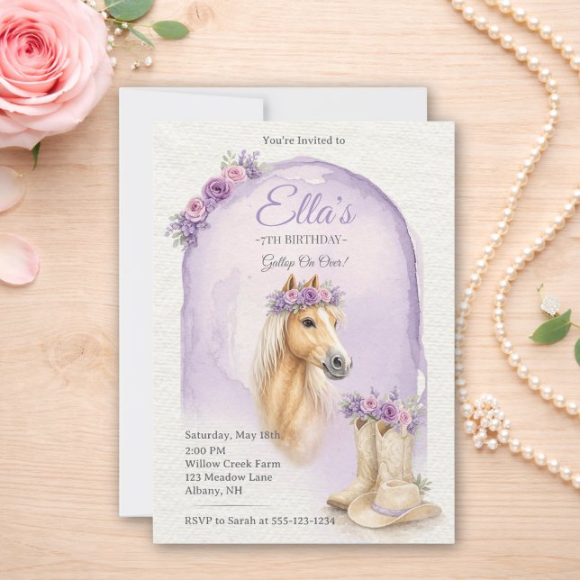 Girls Purple Floral Horse Birthday Invitation (Creator Uploaded)