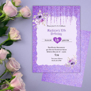 Girls Purple Glitter Floral 10th Birthday Party Invitation