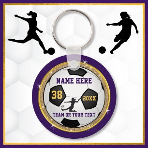 Girls Purple Gold Cheap Personalised Soccer Gifts Key Ring