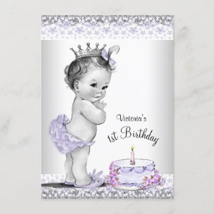 Girls Purple Grey 1st Birthday Party Invitation