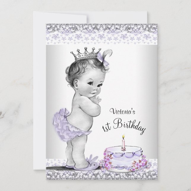 Girls Purple Grey First Birthday Party Invitation (Front)