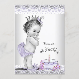 Girls Purple Grey First Birthday Party Invitation