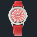 Girls purple, pink, white full name wrist watch<br><div class="desc">Graphic art kids watch featuring a simple white butterfly. Great for school age girls learning to read a clock as features both minutes and hours. Customise with your name example reads Tanya. Great for school and sports as features your girls full name.</div>