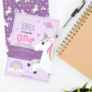 Girls Purple Rainbow Unicorn Kids 1st Birthday Invitation