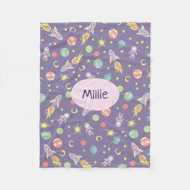 Girl's Purple Rocket Ship Space Pattern and Name Fleece Blanket (Front)
