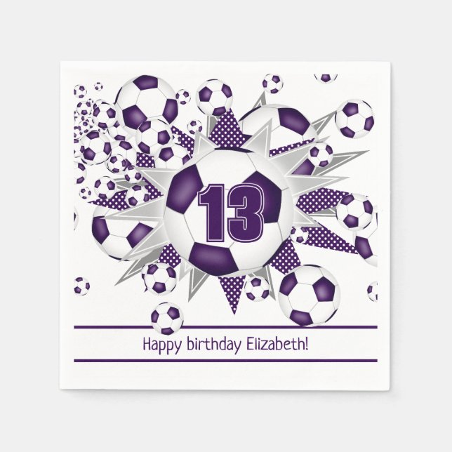 Girls purple soccer birthday or team party napkin (Front)