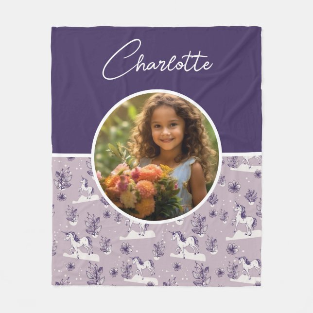 Girl's Purple Unicorn Custom Photo with Name Fleece Blanket (Front)