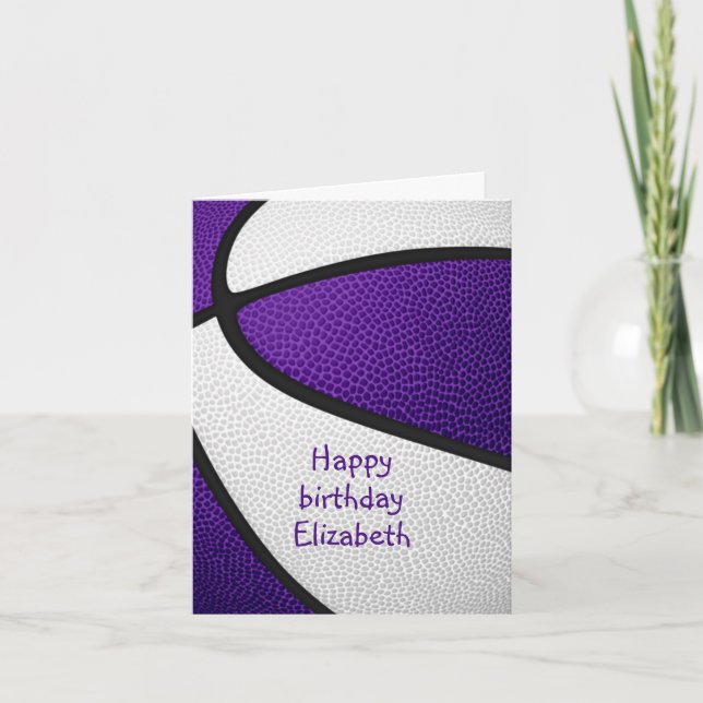 girls purple white basketball happy birthday card (Front)