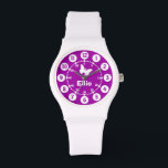 Girls purple & white short name wrist watch<br><div class="desc">Graphic art watch featuring a simple white butterfly. Great for girls watch features both minutes and hours. Customise with your own short first name or nickname example reads Ellie. Great for school and sports as features your girls name.</div>