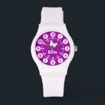 Girls purple & white short name wrist watch<br><div class="desc">Graphic art watch featuring a simple white butterfly. Great for girls watch features both minutes and hours. Customise with your own short first name or nickname example reads Ellie. Great for school and sports as features your girls name.</div>