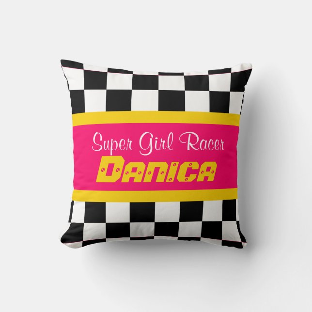 Girls racer yellow pink chequered flag name pillow (Front)
