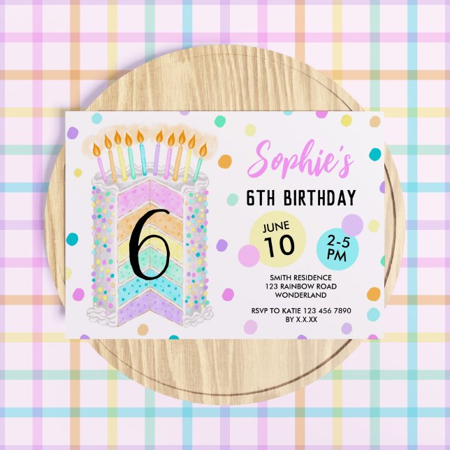 Girl's Rainbow Birthday Cake Invitation (Rainbow-Themed Birthday Invitation)
