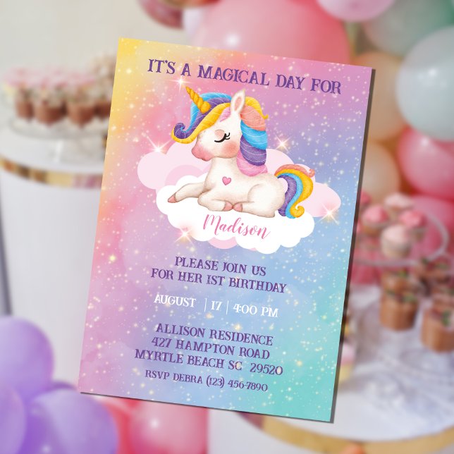 Girls Rainbow Colours Unicorn Birthday Invitation (Creator Uploaded)