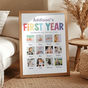Girls Rainbow First Year Birthday Photo Collage Poster
