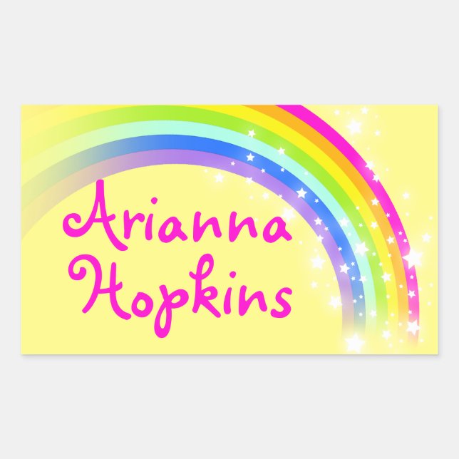 Girls rainbow name yellow & pink id label sticker (Front)