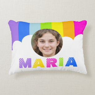 girls rainbow stripe photo name pillow