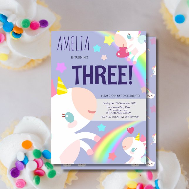 Girls Rainbow & Unicorn Purple Birthday Invitation (Creator Uploaded)