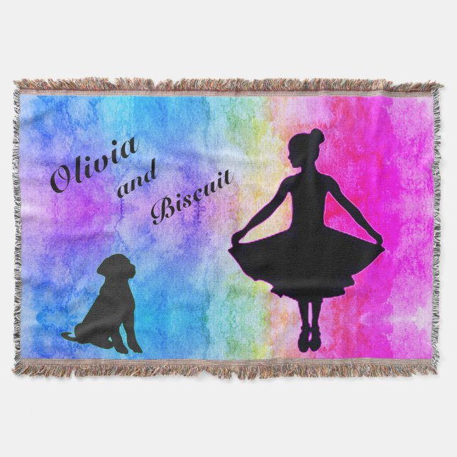 Girls Rainbow Watercolor Dancer and Dog Throw Blanket (Front)