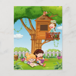 Girls reading books in the garden postcard