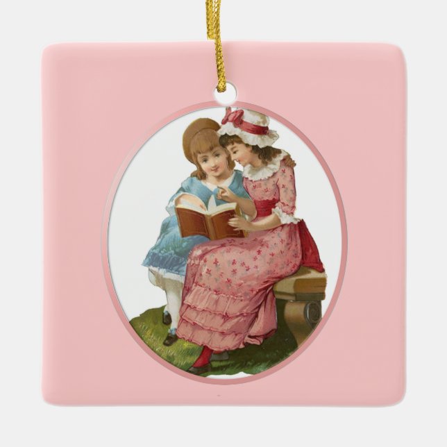 Girls Reading Ceramic Ornament (Front)