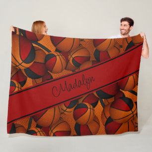 girls red black basketball pattern personalised fleece blanket