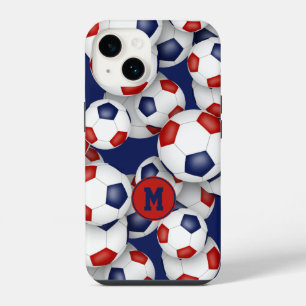 Girls red blue soccer balls pattern monogrammed iPhone 14 case
