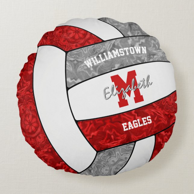 Girls red grey volleyball team colours round cushion (Front)