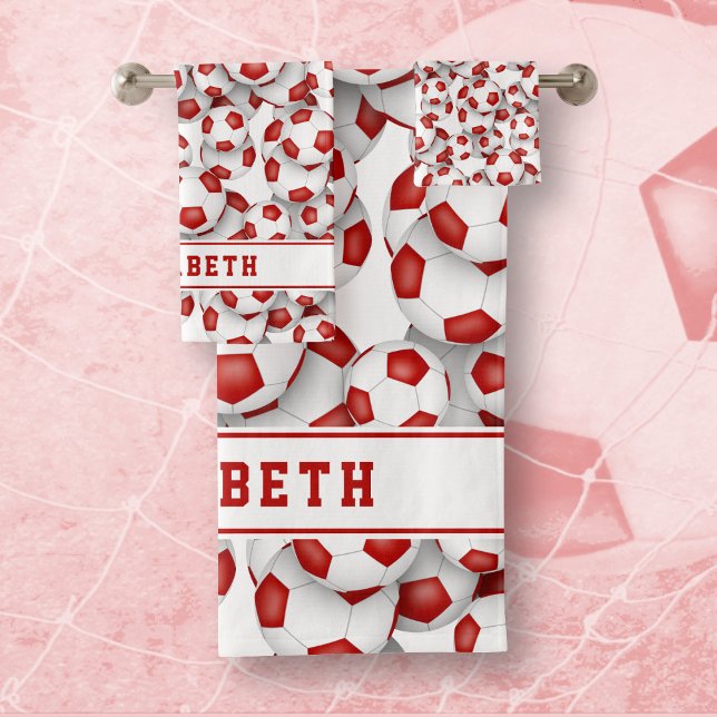Girls red white soccer balls athletic grad gift bath towel set (Creator Uploaded)