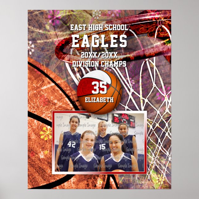 girls red white team colors photo basketball poster (Front)
