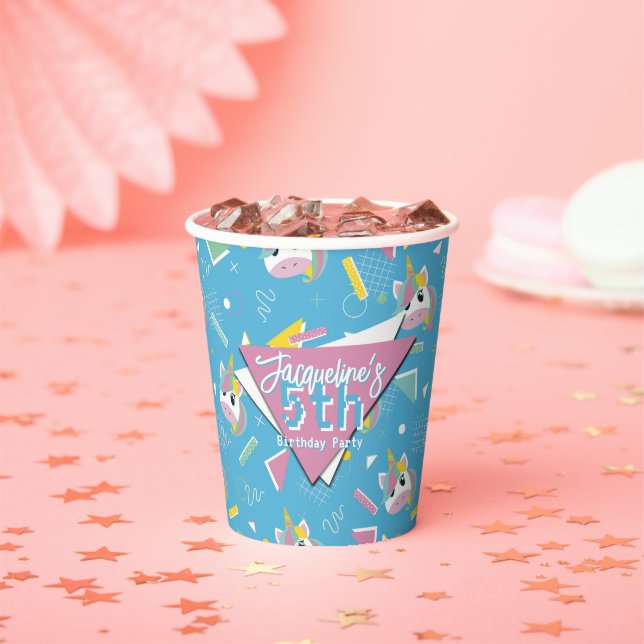 Girls Retro Blue Unicorn Birthday Paper Cups (Insitu)