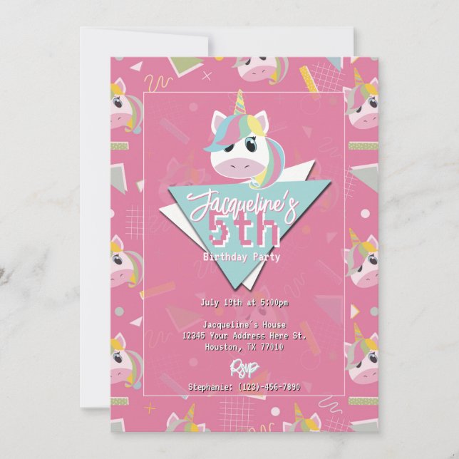 Girls Retro Pink Unicorn Birthday Invitation (Front)