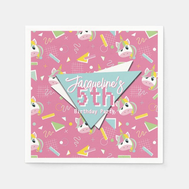 Girls Retro Pink Unicorn Birthday Napkin (Front)