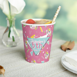 Girls Retro Pink Unicorn Birthday Paper Cups