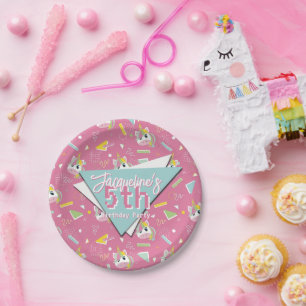 Girls Retro Pink Unicorn Birthday Paper Plate