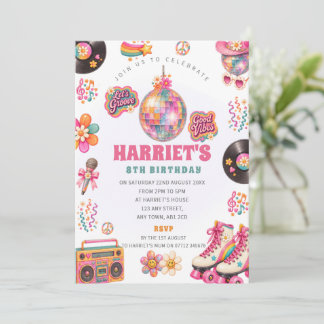 Girls Retro Roller Disco Birthday Party Invitation
