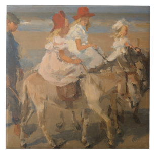 Girls Riding Donkeys on the Beach Ceramic Tile