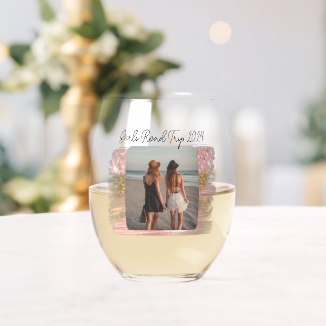 Girls Road Trip One Photo Stemless Wine Glass (Insitu (Wedding))