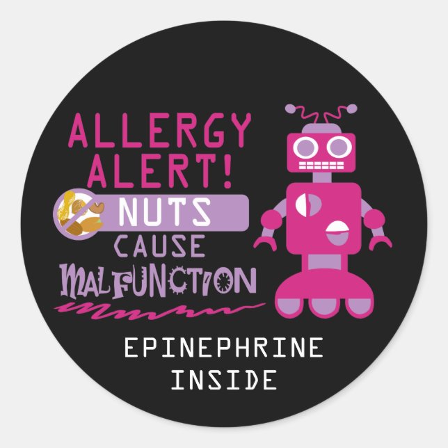 Girls Robot Tree Nut Peanut Allergy Alert Classic Round Sticker (Front)
