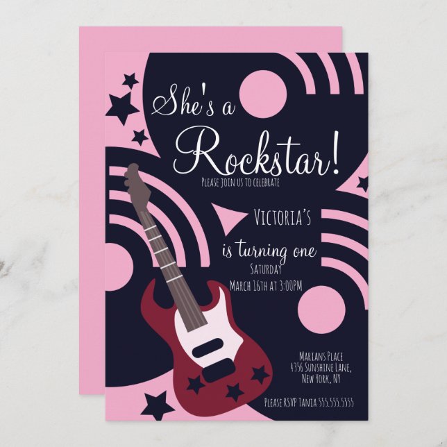 Girls Rockstar Guitar Star Rock Birthday Party  Invitation (Front/Back)